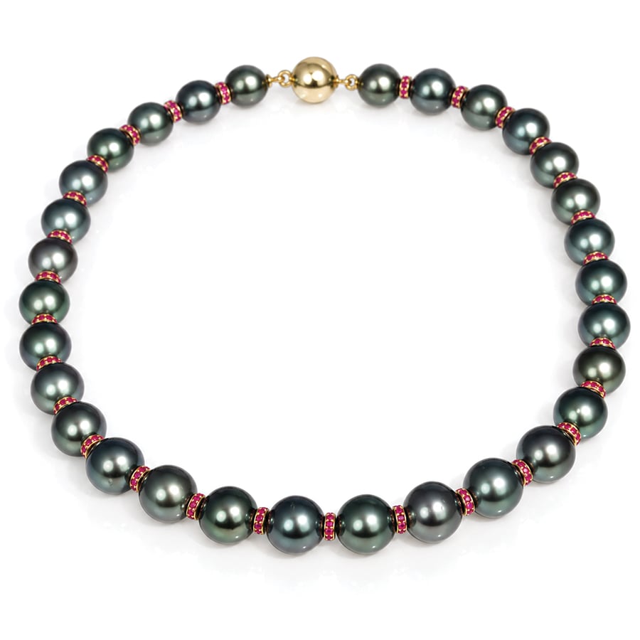 Finest quality A (AAAA) grade tahitain pearl necklace gold and rubies David Ashton