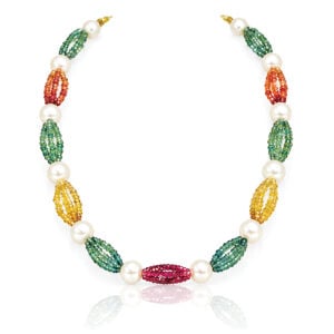 Fancy colouyr sapphire and pearl necklace